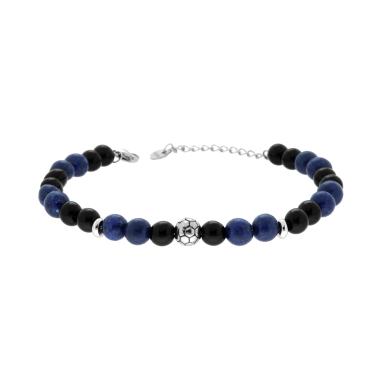 Bracciale Catena con Pietre Nero Onice e Blu Lapislazzuli con Palla da Calcio in ACCIAIO