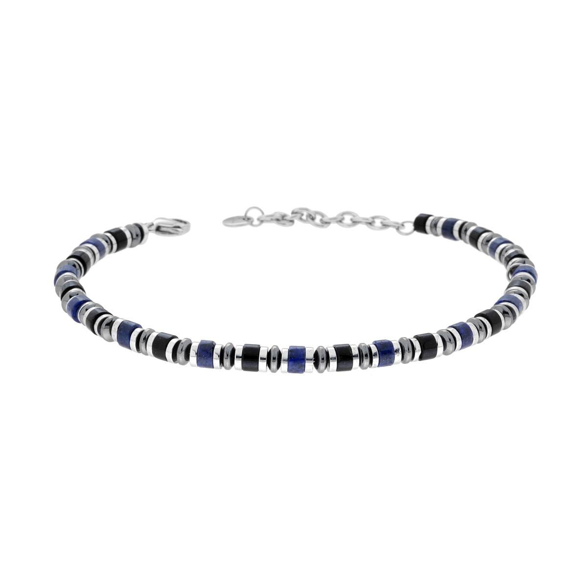 Bracciale Catena con Anelli e Cilindretti Pietre Blu Lapislazzuli e Nero Onice in ACCIAIO