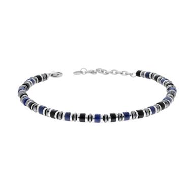 Bracciale Catena con Anelli e Cilindretti Pietre Blu Lapislazzuli e Nero Onice in ACCIAIO