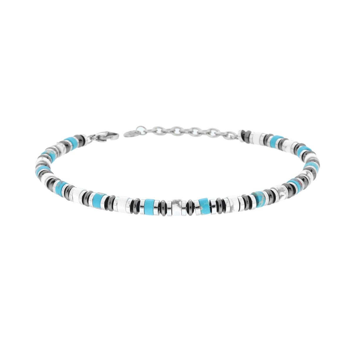Bracciale Catena con Anelli e Cilindretti Pietre Bianco Howlite e Turchese in ACCIAIO