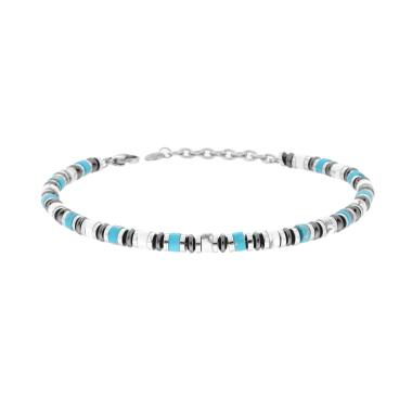 Bracciale Catena con Anelli e Cilindretti Pietre Bianco Howlite e Turchese in ACCIAIO