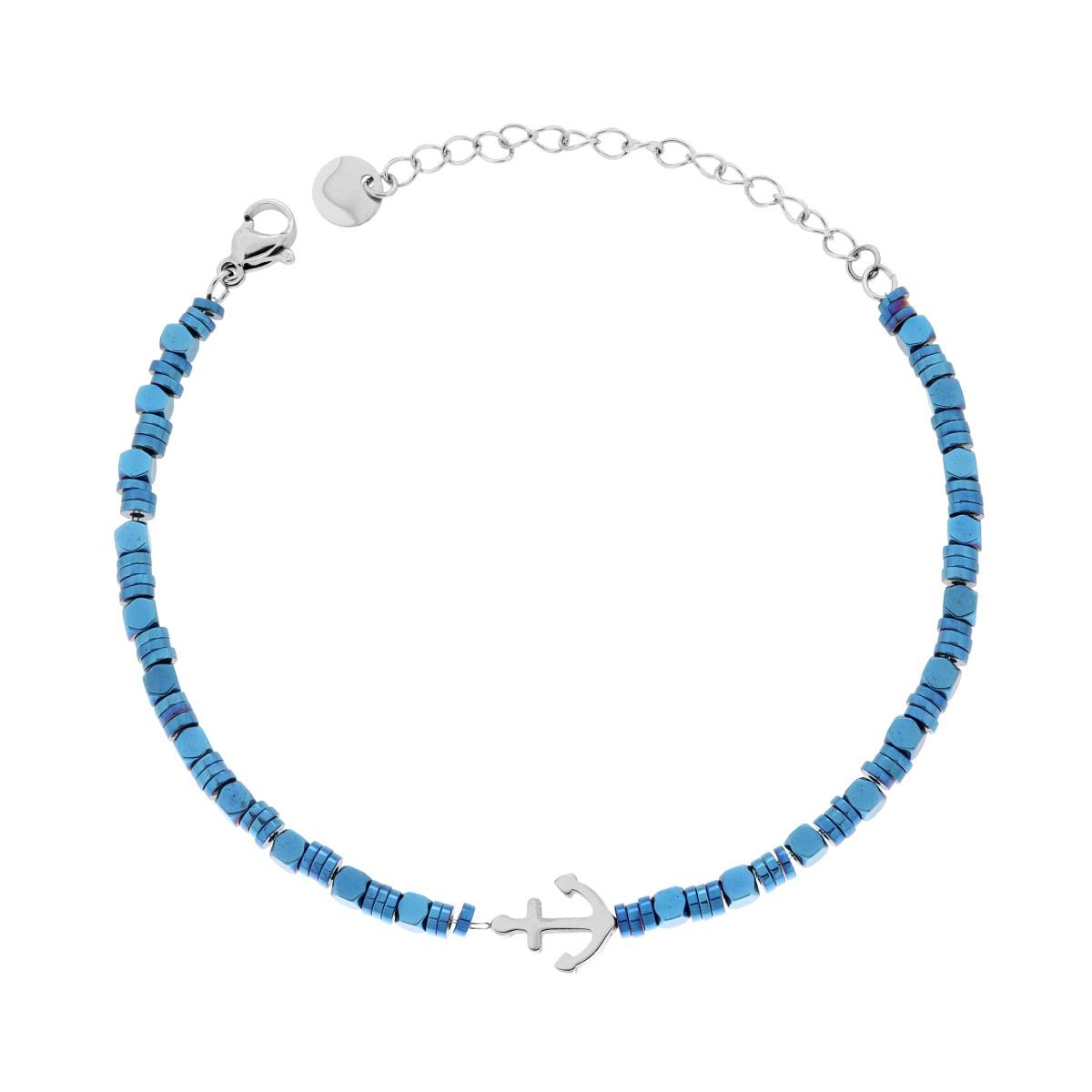Bracciale Catena Anelli e Cubetti Blu con Ancora in ACCIAIO