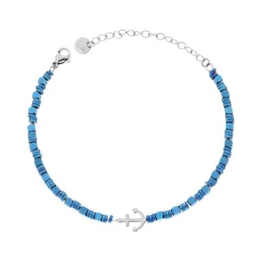 Bracciale Catena Anelli e Cubetti Blu con Ancora in ACCIAIO