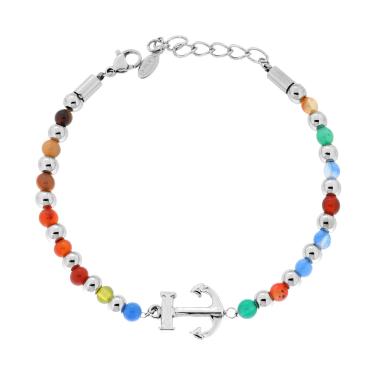 Bracciale Catena con Palline alternate a Pietre Multicolor e Ancora centrale in ACCIAIO