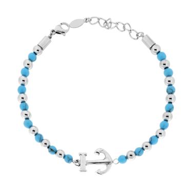 Bracciale Catena con Palline alternate a Pietre colore Turchese e Ancora centrale in ACCIAIO