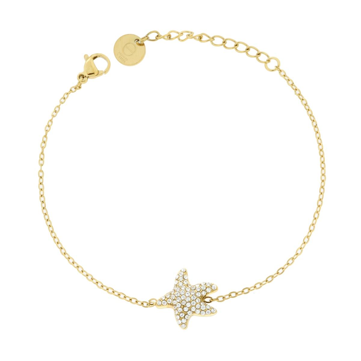 Bracciale Catena Forzatina Diamantata con Stella Marina e Crystal Bianchi in ACCIAIO colore Oro