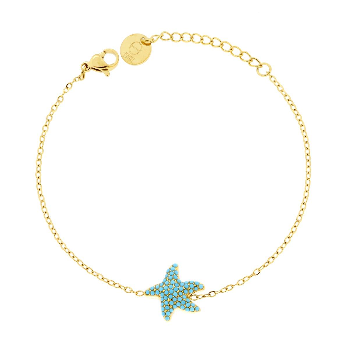 Bracciale Catena Forzatina Diamantata con Stella Marina e Crystal Turchese in ACCIAIO colore Oro