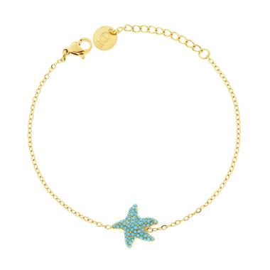 Bracciale Catena Forzatina Diamantata con Stella Marina e Crystal Turchese in ACCIAIO colore Oro