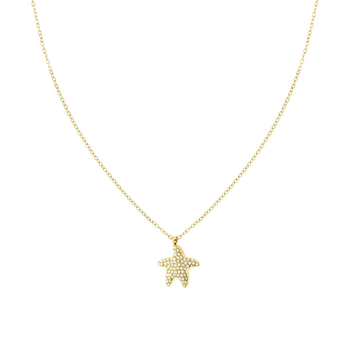 Collana Catena Forzatina Diamantata con Stella Marina e Crystal Bianchi in ACCIAIO colore Oro