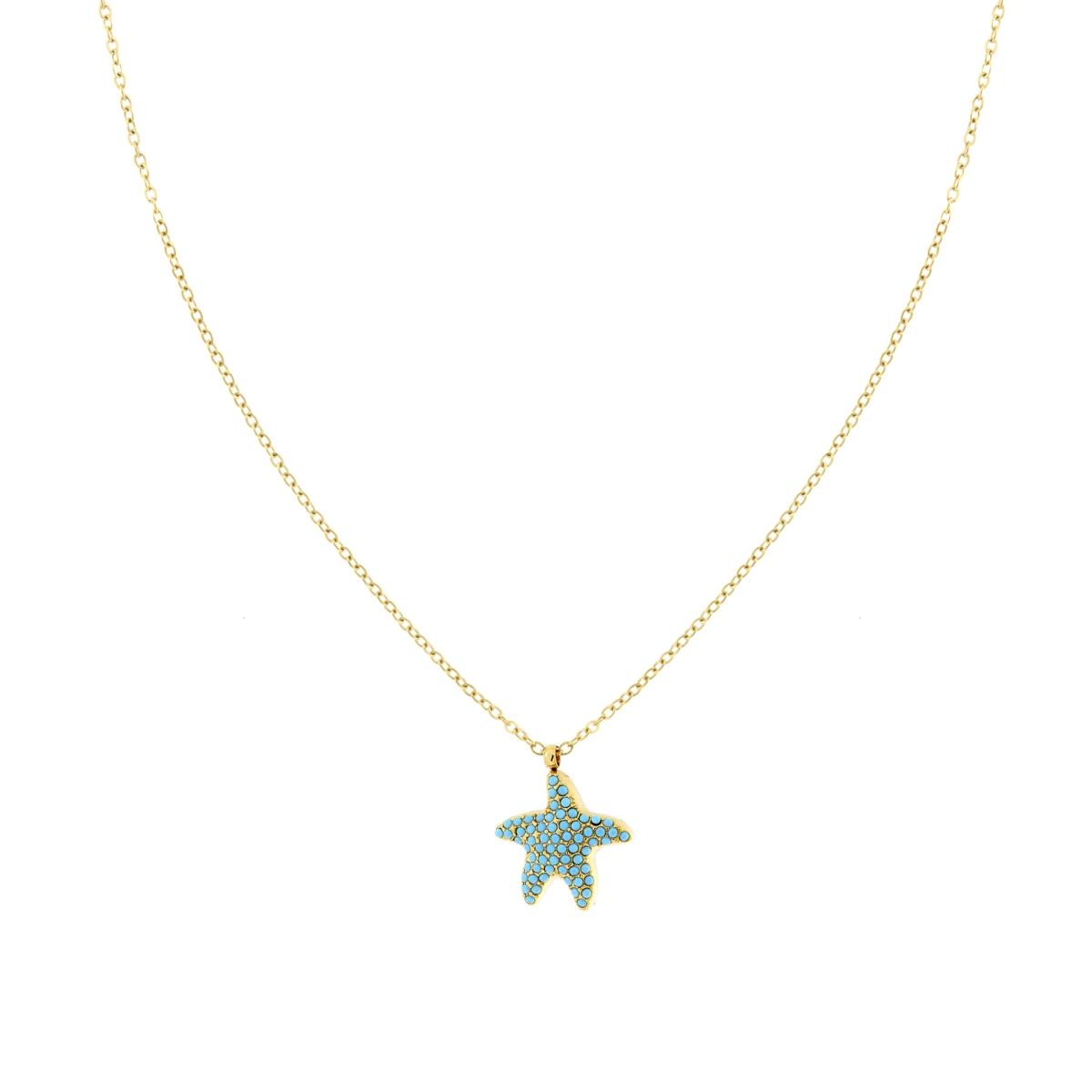 Collana Catena Forzatina Diamantata con Stella Marina e Crystal Turchese in ACCIAIO colore Oro