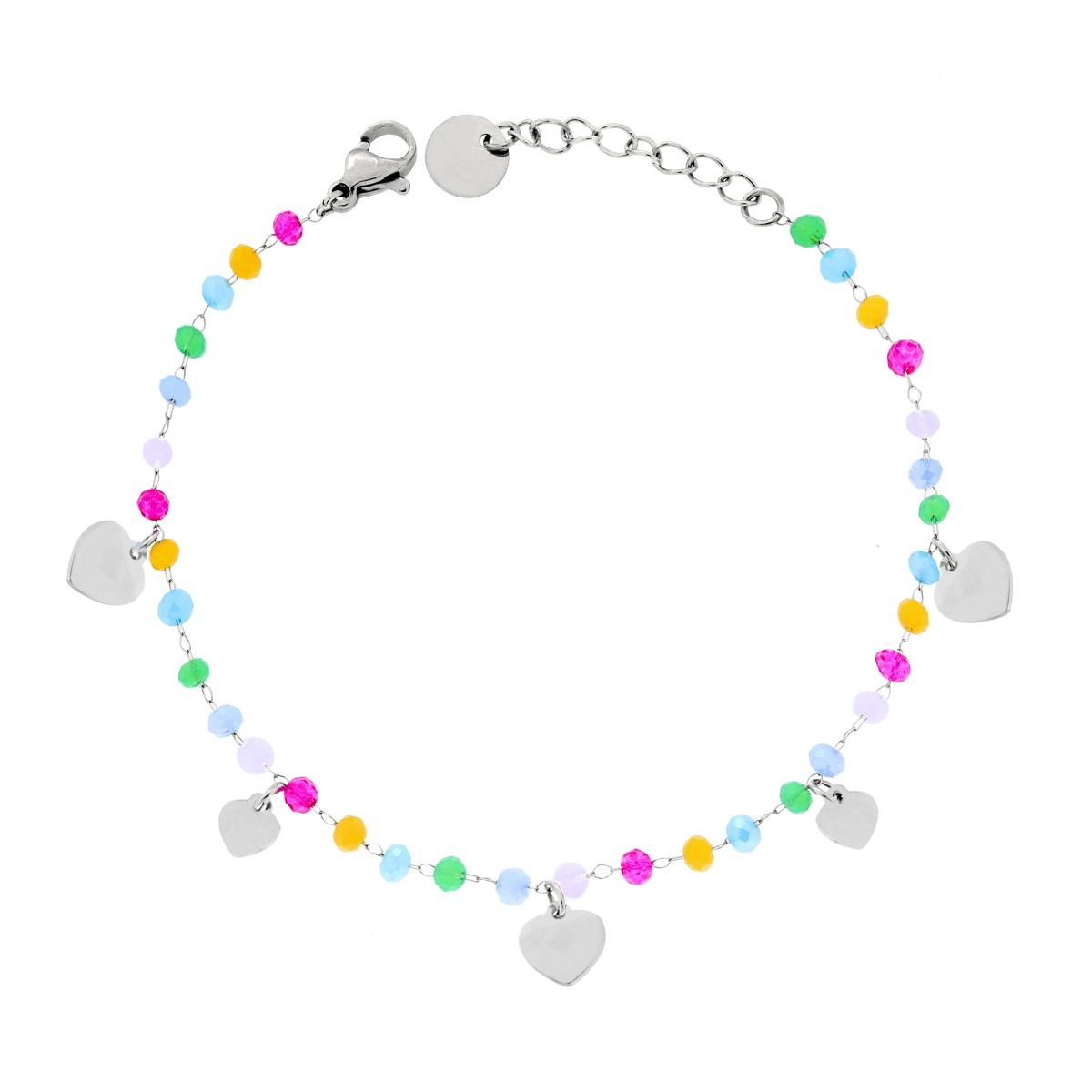 Bracciale Catena con Crystal Multicolor Pastello e Cuori plain pendenti in ACCIAIO