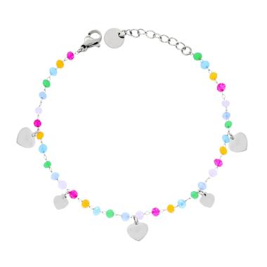 Bracciale Catena con Crystal Multicolor Pastello e Cuori plain pendenti in ACCIAIO
