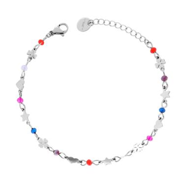 Bracciale Catena con Cuori Stelle Quadrifogli plain alternati a Crystal Multicolor in ACCIAIO