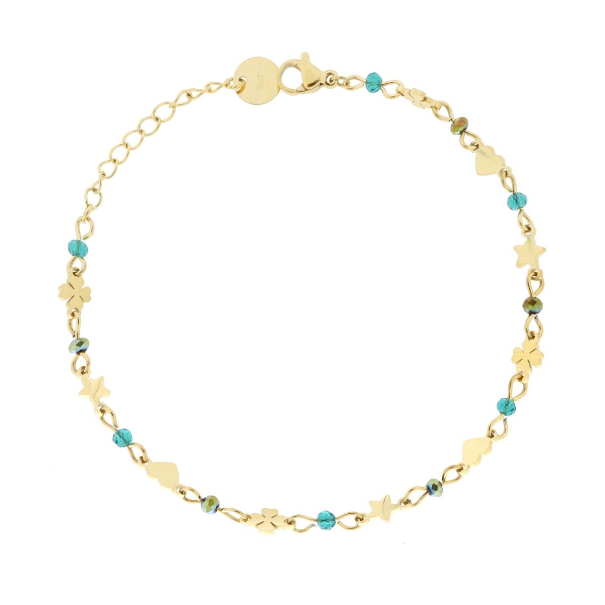 Bracciale Catena con Cuori Stelle Quadrifogli plain alternati a Crystal Verdi in ACCIAIO colore Oro