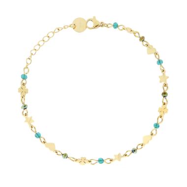 Bracciale Catena con Cuori Stelle Quadrifogli plain alternati a Crystal Verdi in ACCIAIO colore Oro