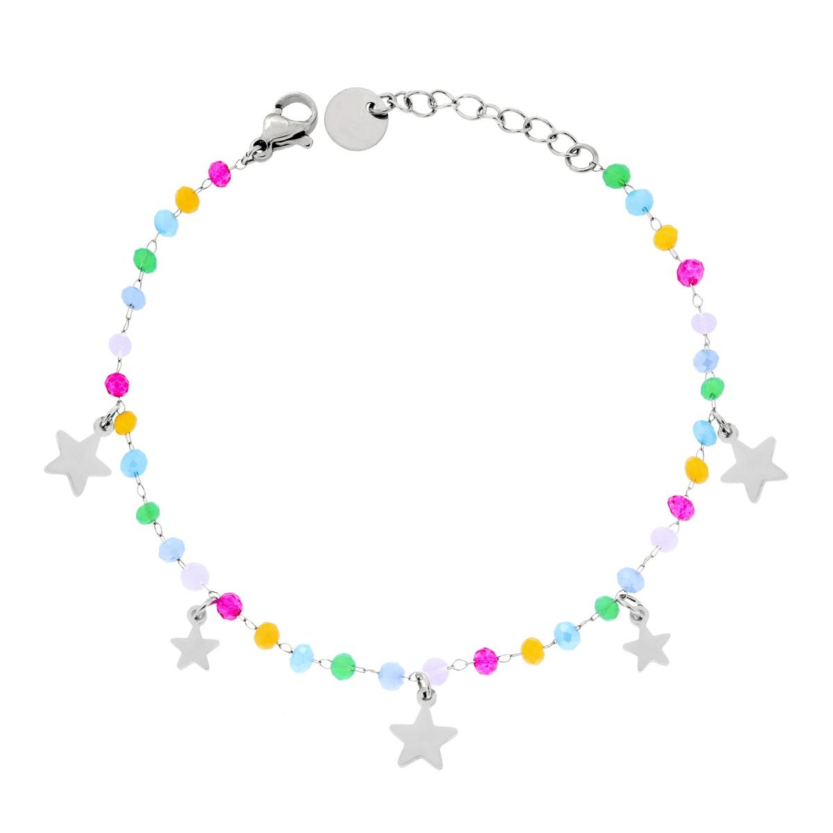 Bracciale Catena con Crystal Multicolor Pastello e Stelle plain pendenti in ACCIAIO