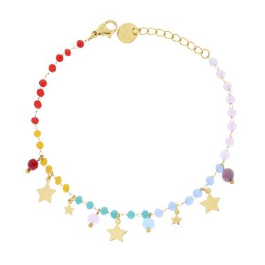 Bracciale Catena con Crystal Multicolor Rainbow e Stelle plain pendenti in ACCIAIO colore Oro