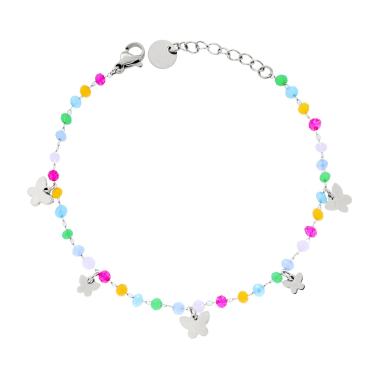 Bracciale Catena con Crystal Multicolor Pastello e Farfalle plain pendenti in ACCIAIO