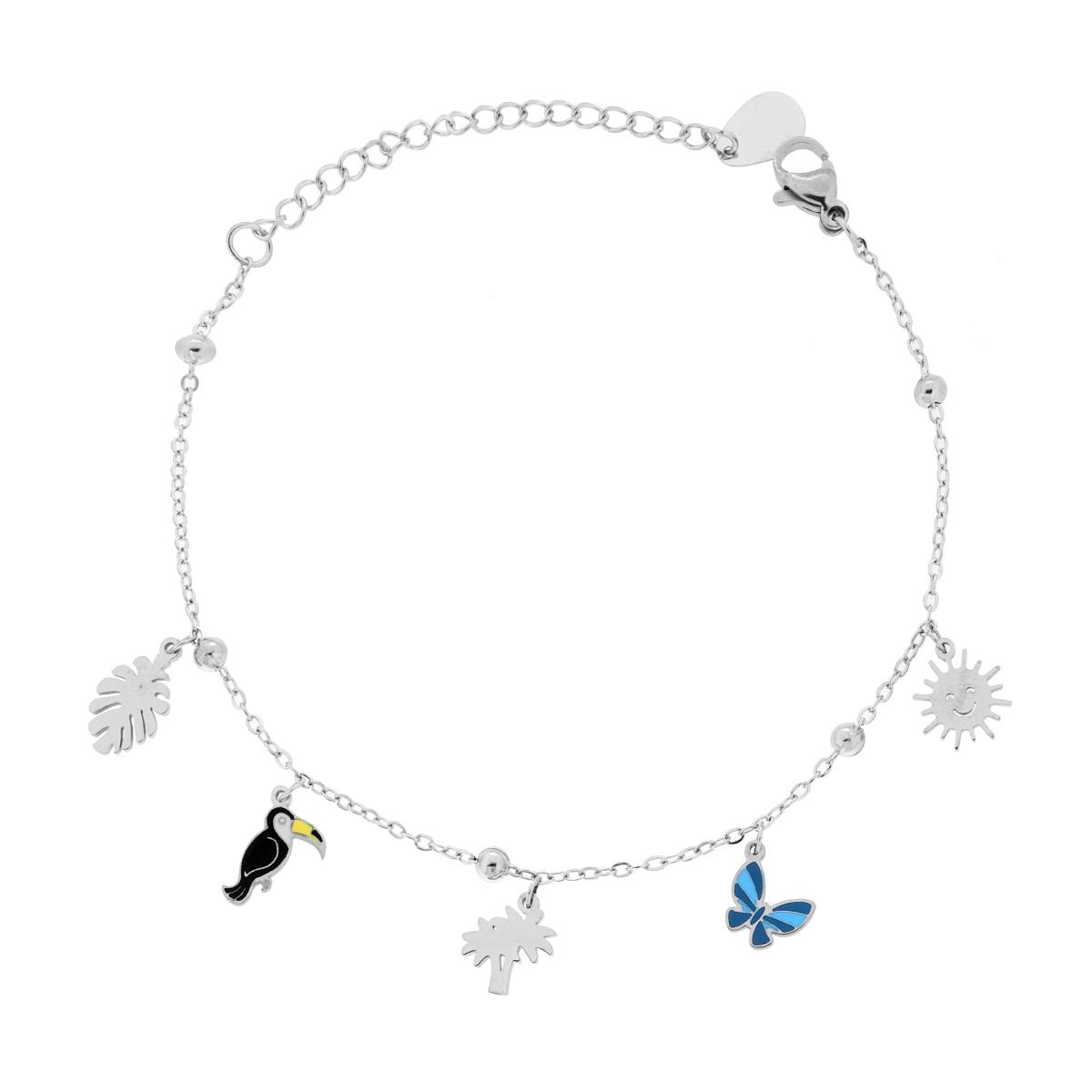 Bracciale Catena Forzatina Diamantata con Charms Mare e Smalti Multicolor pendenti in ACCIAIO