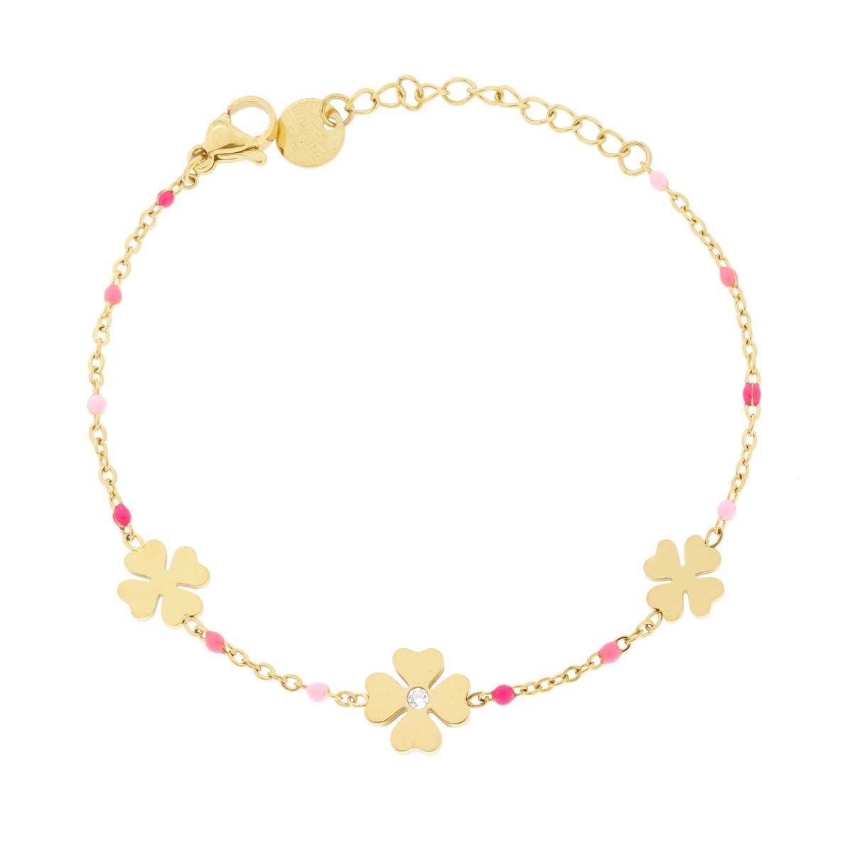 Bracciale Catena Forzatina Diamantata con Quadrifogli e Smalto Rosa in ACCIAIO colore Oro