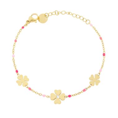 Bracciale Catena Forzatina Diamantata con Quadrifogli e Smalto Rosa in ACCIAIO colore Oro