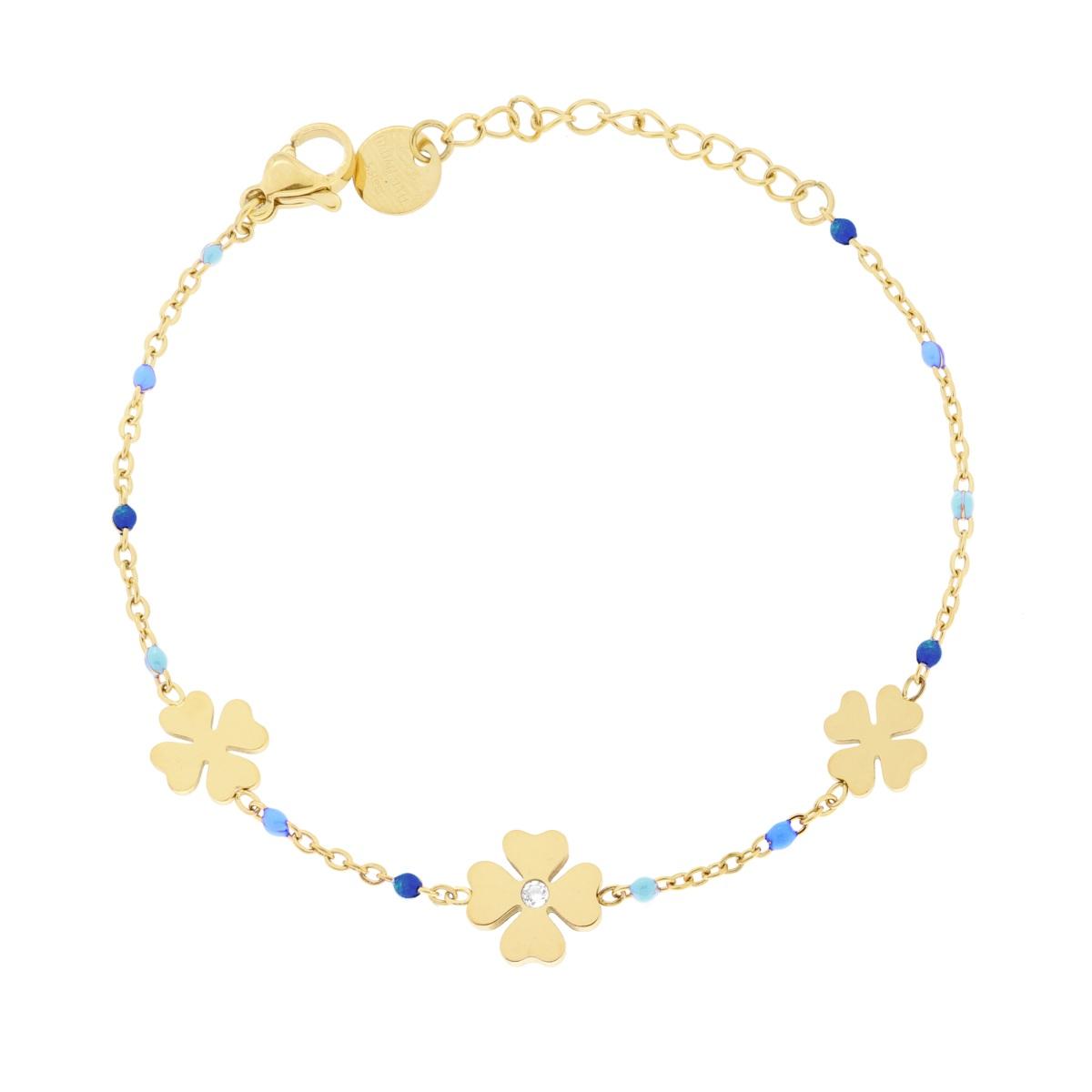 Bracciale Catena Forzatina Diamantata con Quadrifogli e Smalto Blu in ACCIAIO colore Oro