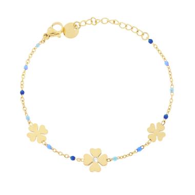 Bracciale Catena Forzatina Diamantata con Quadrifogli e Smalto Blu in ACCIAIO colore Oro