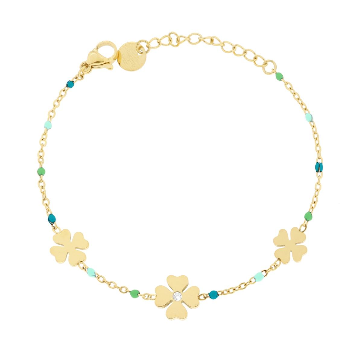 Bracciale Catena Forzatina Diamantata con Quadrifogli e Smalto Verde in ACCIAIO colore Oro