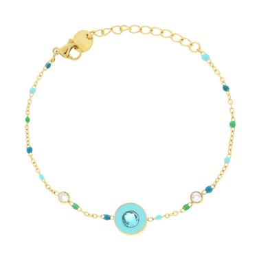 Bracciale Catena Forzatina Diamantata con Tondo e Crystal e Smalto Verde in ACCIAIO colore Oro