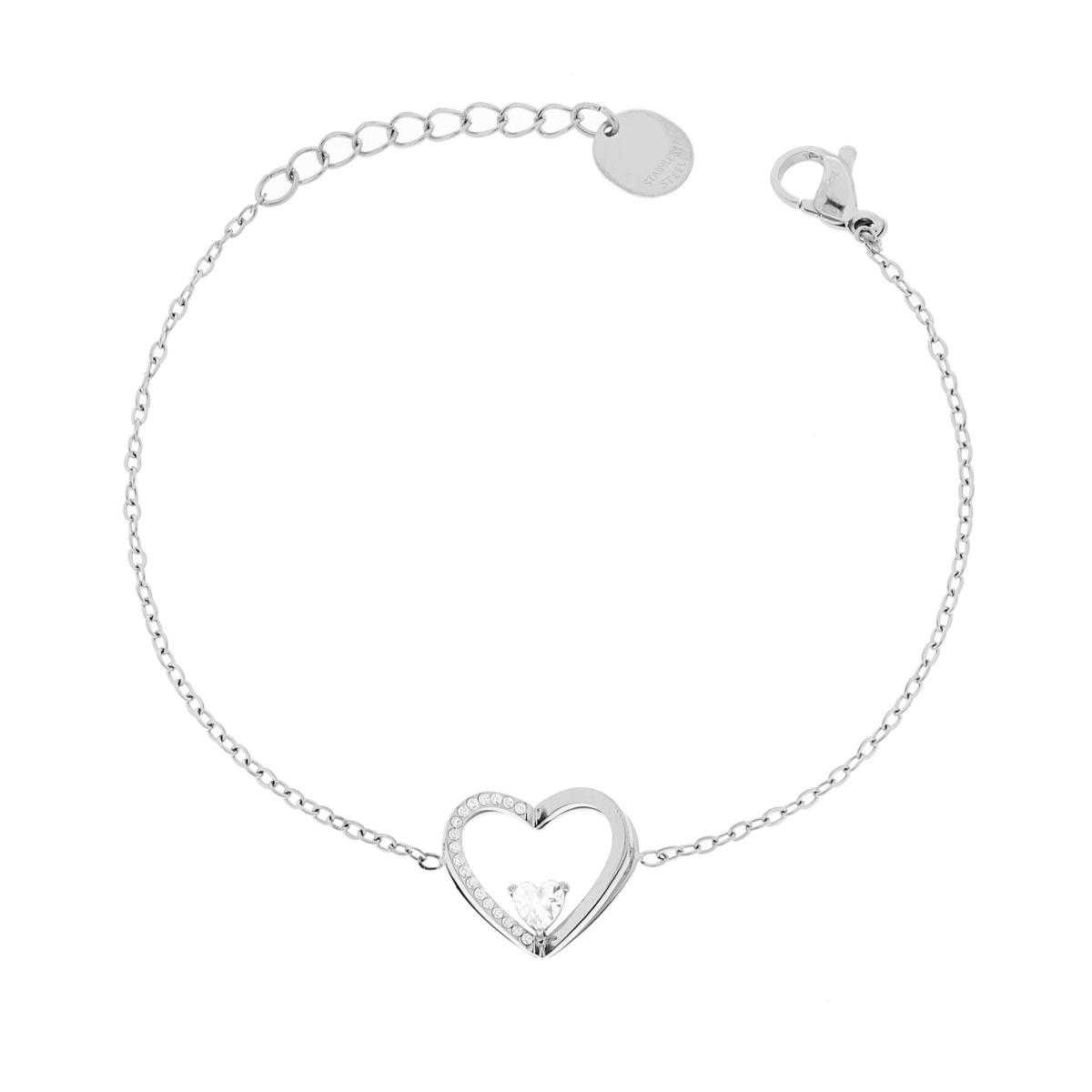 Bracciale Catena Forzatina Diamantata con doppio Cuore e Crystal Bianchi in ACCIAIO