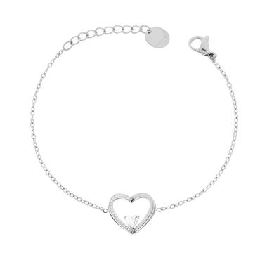 Bracciale Catena Forzatina Diamantata con doppio Cuore e Crystal Bianchi in ACCIAIO
