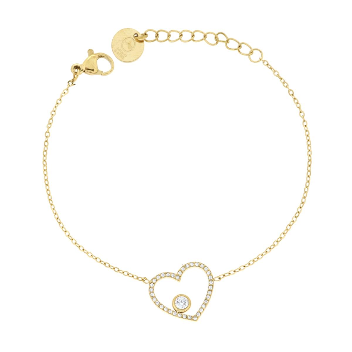 Bracciale Catena Forzatina Diamantata con Cuore e Crystal Bianchi in ACCIAIO colore Oro