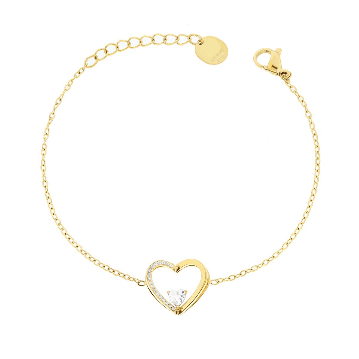 Bracciale Catena Forzatina Diamantata con doppio Cuore e Crystal Bianchi in ACCIAIO colore Oro