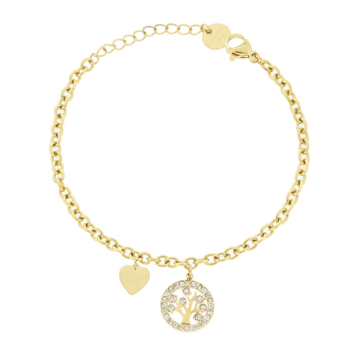 Bracciale Catena Forzatina con Albero della Vita Cuore e Crystal Bianchi in ACCIAIO colore Oro