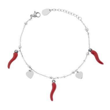 Bracciale Catena Forzatina Diamantata con Corni smalto Rosso e Cuori plain pendenti in ACCIAIO