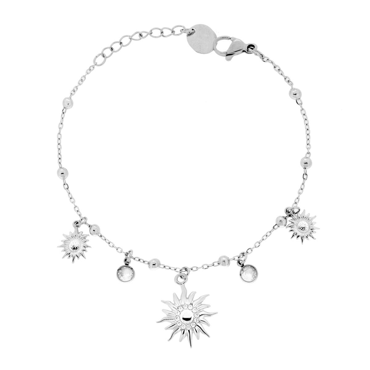 Bracciale Catena Forzatina Diamantata con Soli e Crystal Bianchi pendenti in ACCIAIO