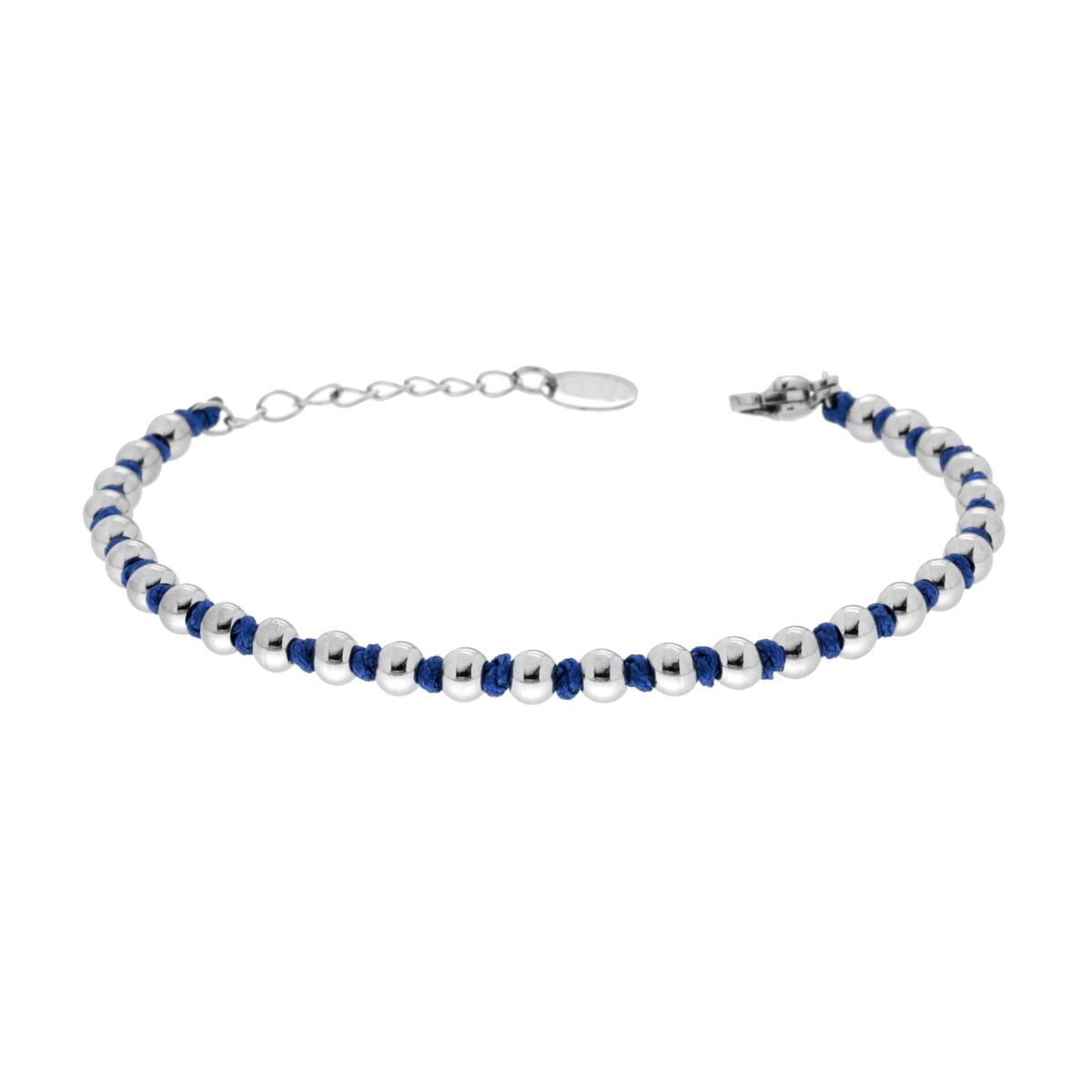 Bracciale Catena con Palline alternate a Nodi in Cotone Blu in ACCIAIO