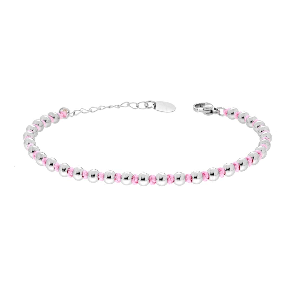 Bracciale Catena con Palline alternate a Nodi in Cotone Rosa in ACCIAIO