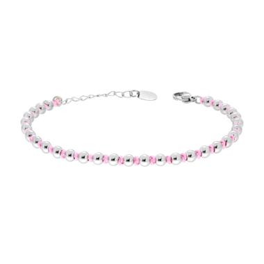 Bracciale Catena con Palline alternate a Nodi in Cotone Rosa in ACCIAIO
