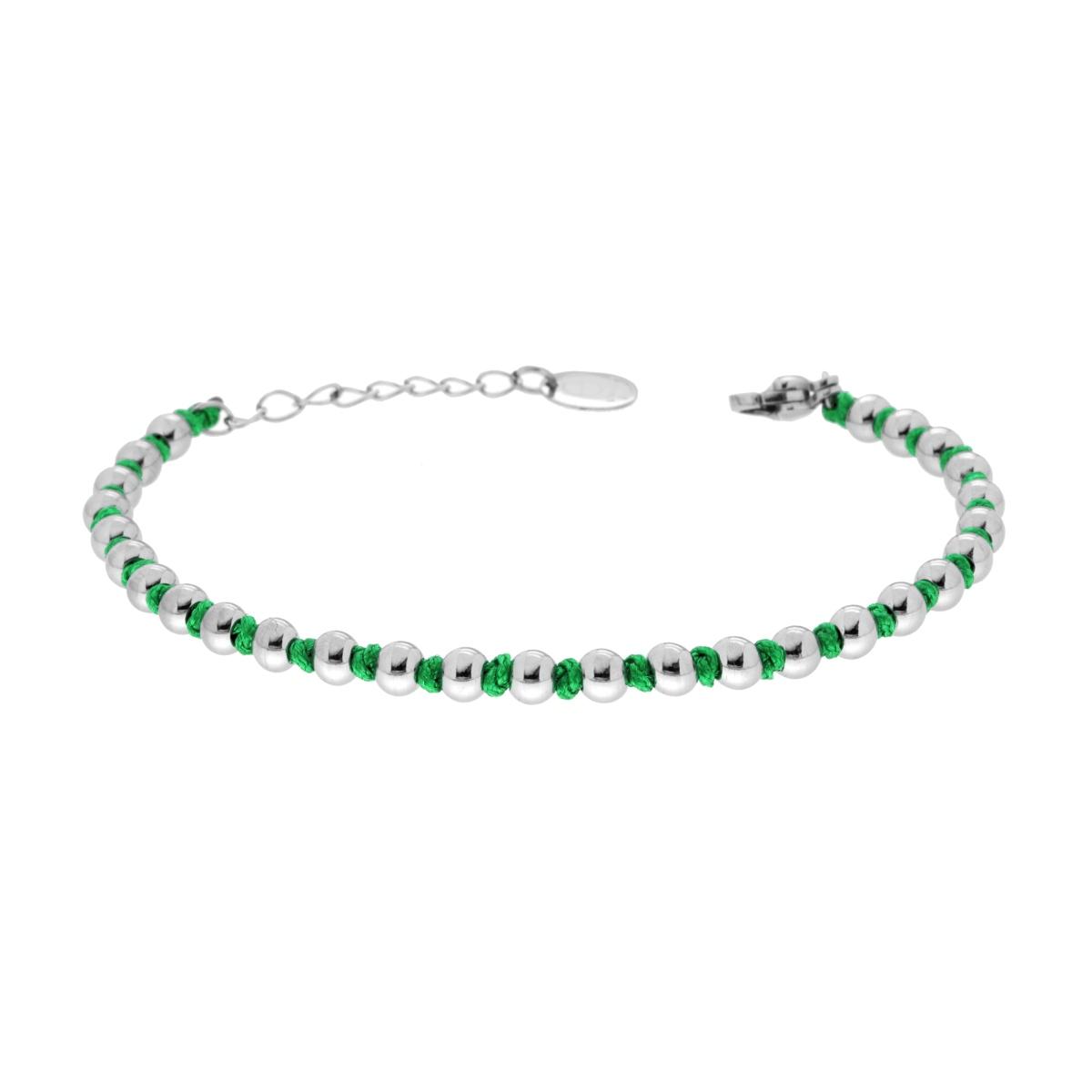 Bracciale Catena con Palline alternate a Nodi in Cotone Verde in ACCIAIO