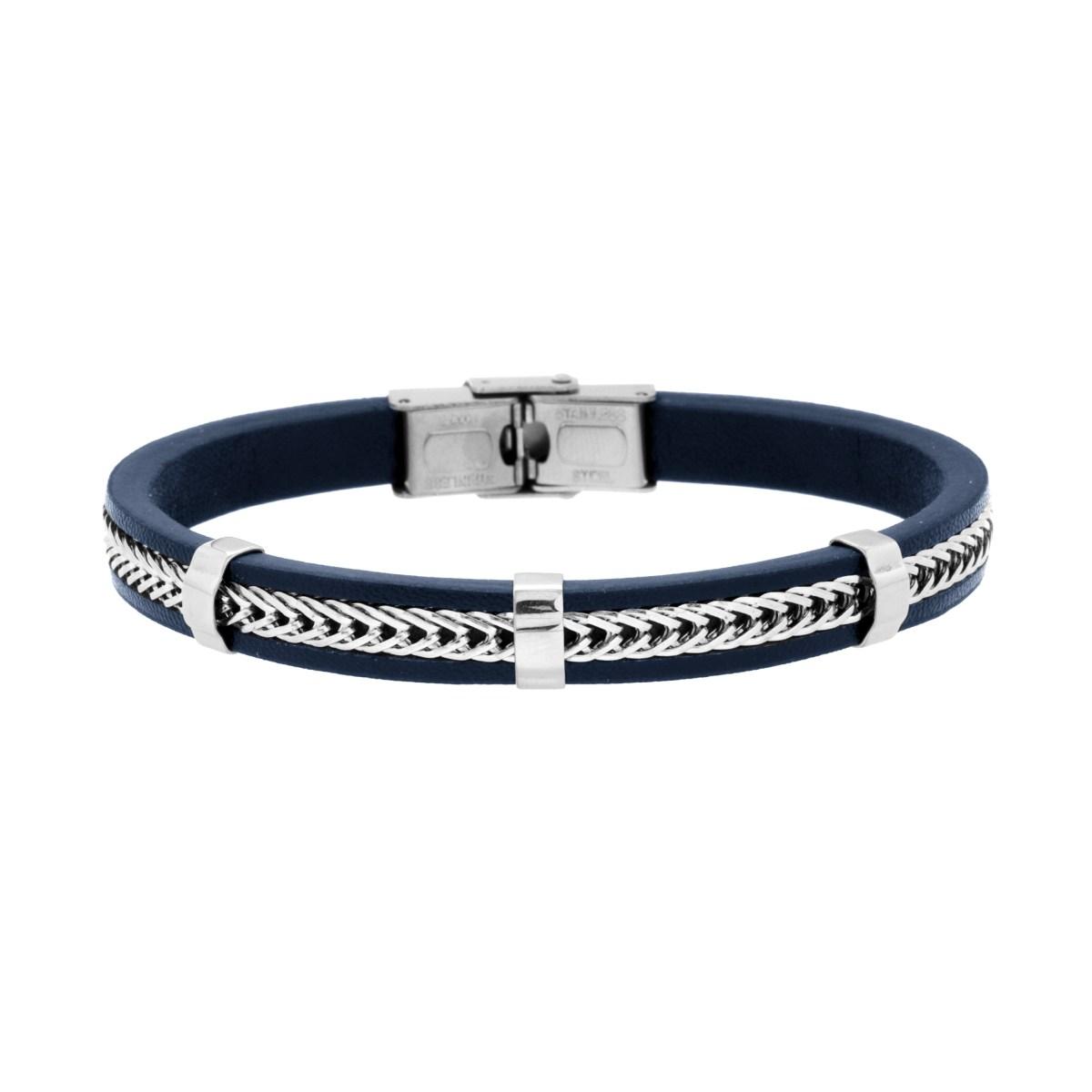 Bracciale Uomo in Ecopelle Blu con inserto Catena in ACCIAIO