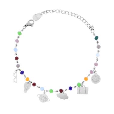 Bracciale Catena con Crystal Multicolor e Charms Viaggio plain pendenti in ACCIAIO