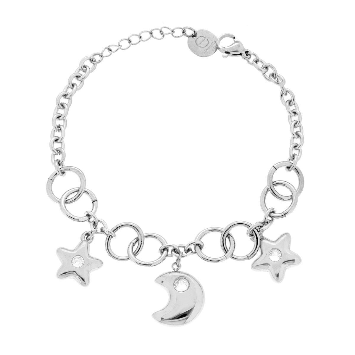Bracciale Catena Forzatina Luna e Stelle pendenti e Crystal Bianchi in ACCIAIO