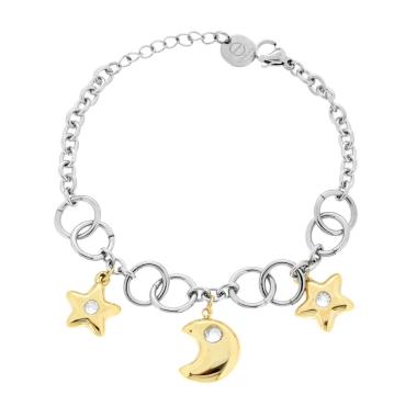 Bracciale Catena Forzatina Luna e Stelle pendenti colore Oro e Crystal Bianchi in ACCIAIO
