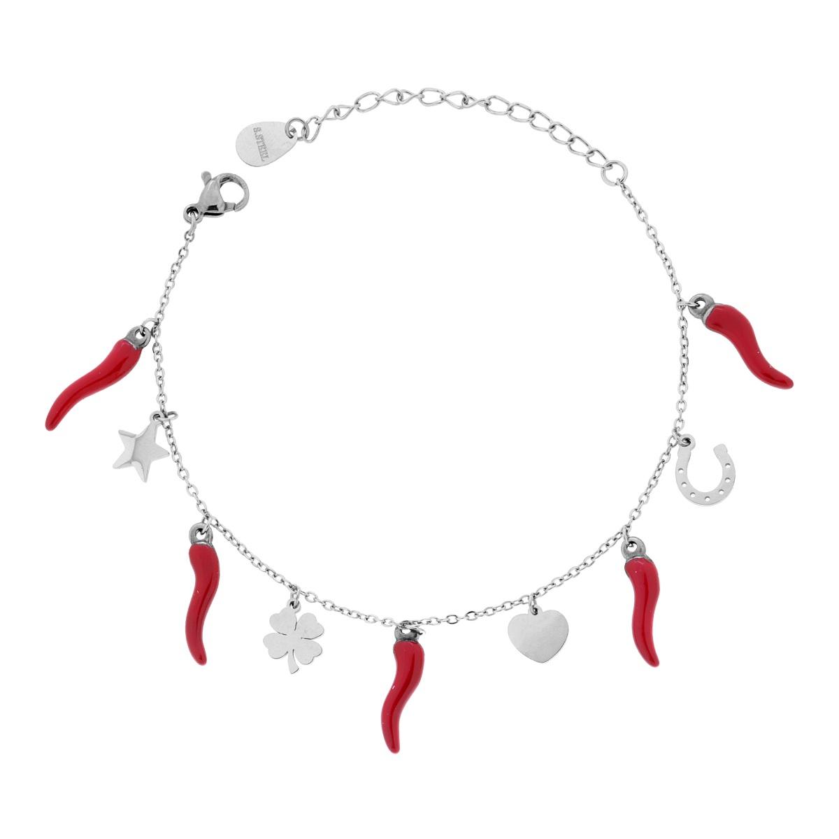Bracciale Catena Forzatina Diamantata con Corni smalto Rosso e Charms Portafortuna pendenti in ACCIAIO