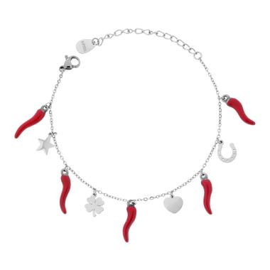 Bracciale Catena Forzatina Diamantata con Corni smalto Rosso e Charms Portafortuna pendenti in ACCIAIO