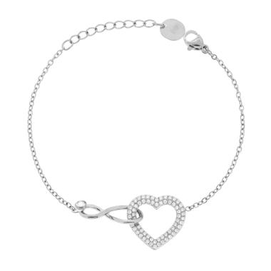 Bracciale Catena Forzatina Diamantata con Cuore e Infinito incrociati e Crystal Bianchi in ACCIAIO