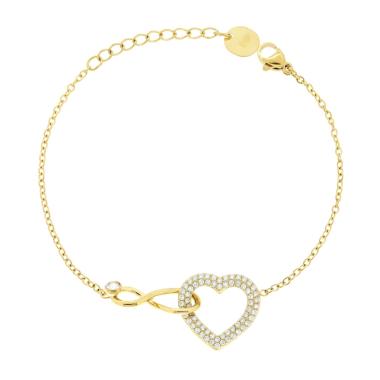 Bracciale Catena Forzatina Diamantata con Cuore e Infinito incrociati e Crystal Bianchi in ACCIAIO colore Oro