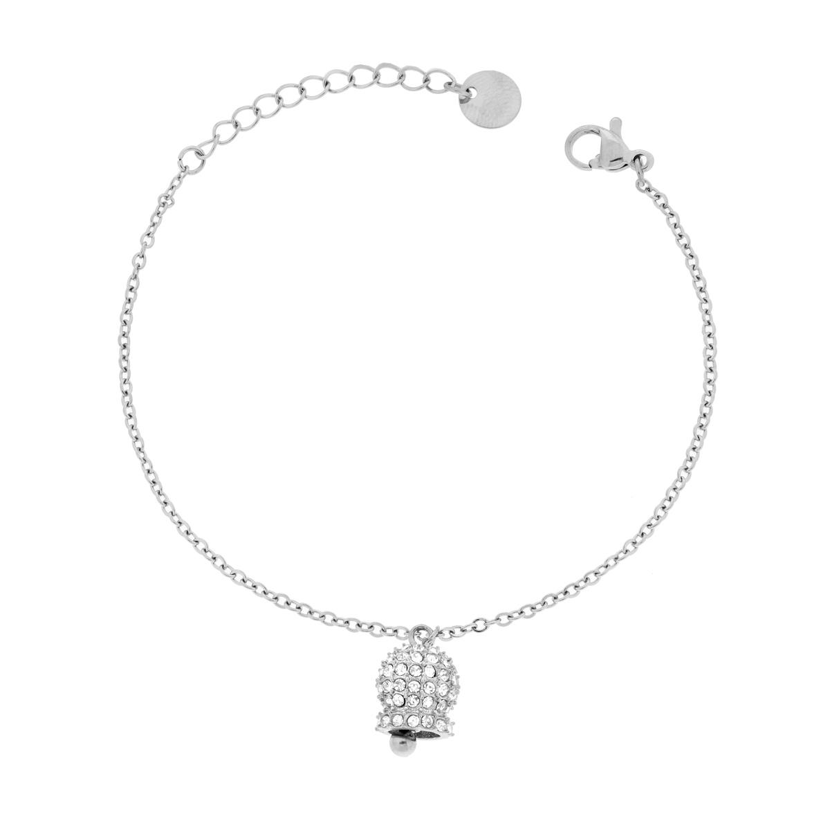 Bracciale Catena Forzatina Diamantata con Campanella e Crystal Bianchi in ACCIAIO