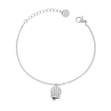 Bracciale Catena Forzatina Diamantata con Campanella e Crystal Bianchi in ACCIAIO